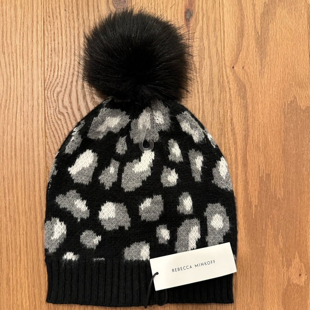 Rebecca Minkoff leopard beanie with pom NWT